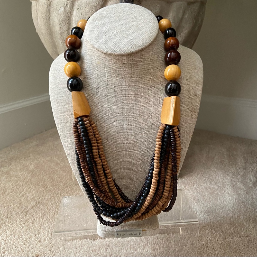 Brown tan wood beaded multi strand necklace - Picture 3 of 11